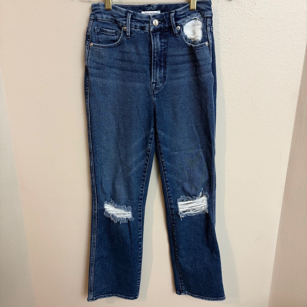 Good American Good Curve Jeans 4/27 Distressed High Rise Straight Leg Blue Denim